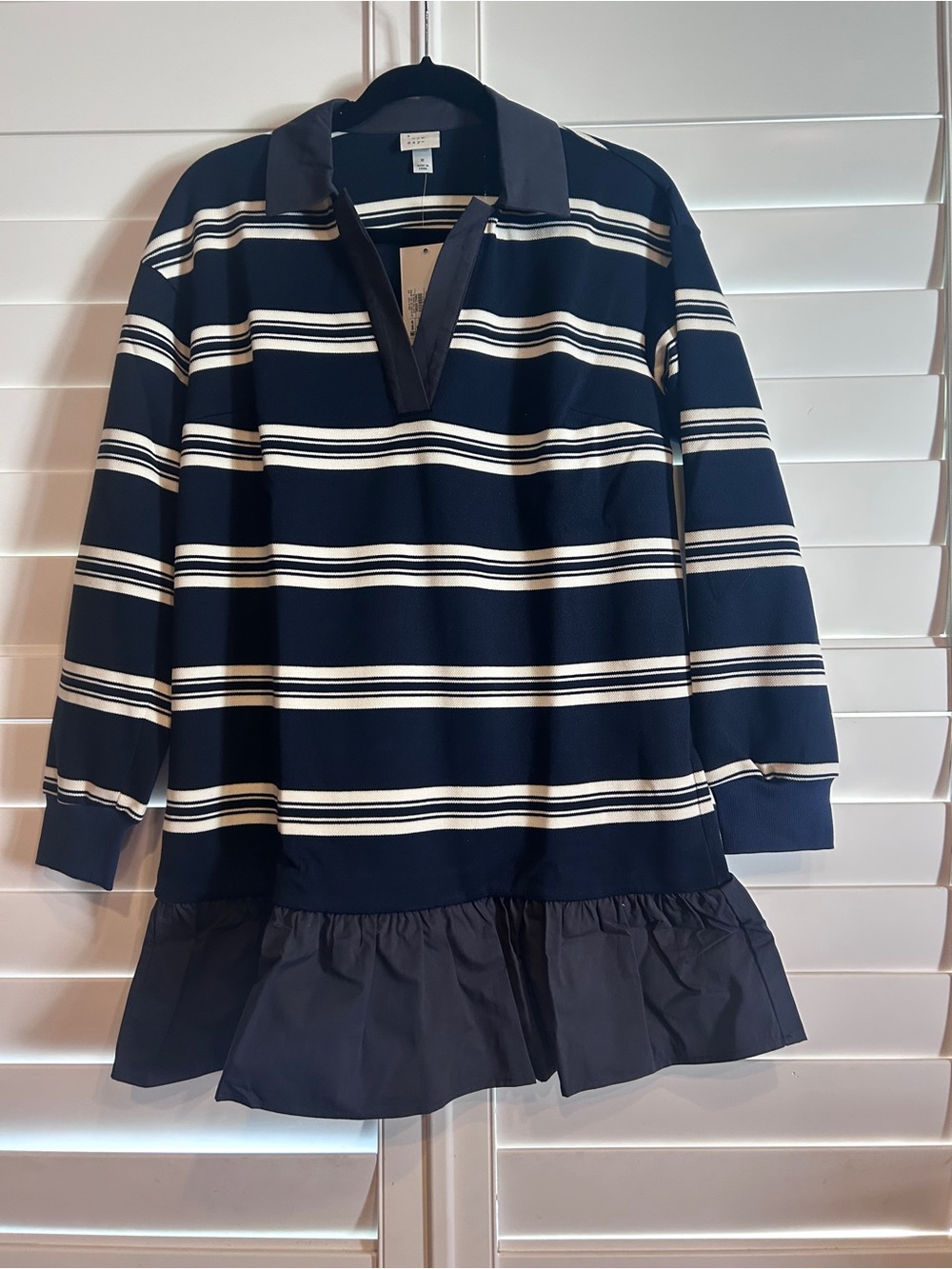 A New Day Striped Polo Layered Ruffle Dress Navy Blue White Size Small